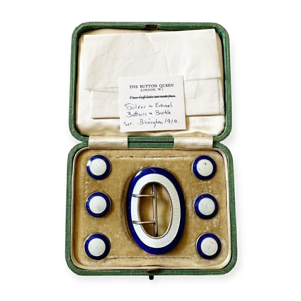 Edwardian Sterling Silver Blue Enamel Buckle and Button Set, Birmingham 1910